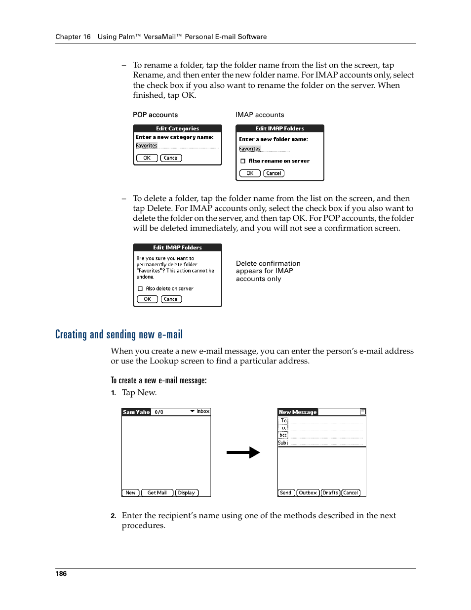 Creating and sending new e-mail, To create a new e-mail message | Palm T3 User Manual | Page 200 / 408