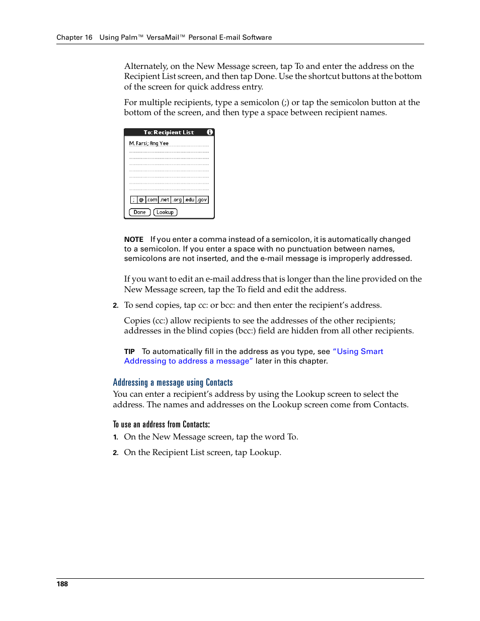 Addressing a message using contacts, To use an address from contacts | Palm T3 User Manual | Page 202 / 408