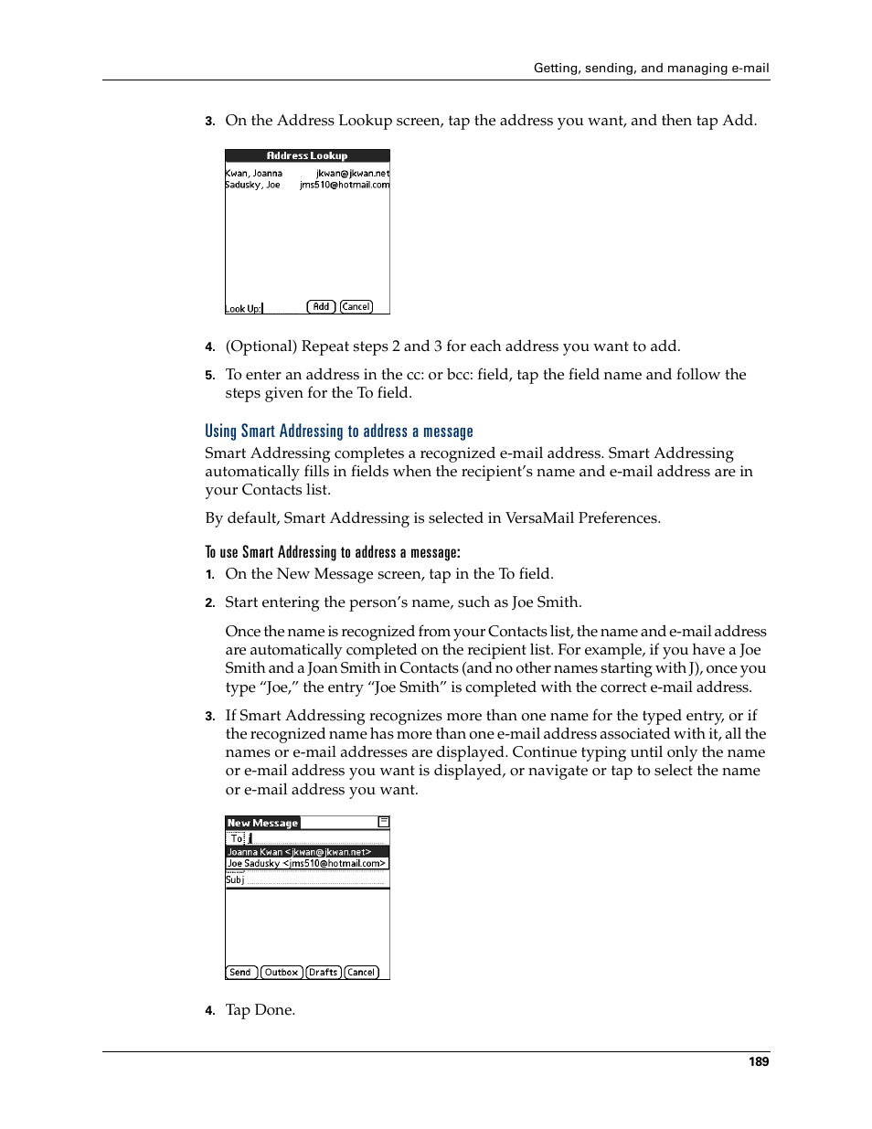 Using smart addressing to address a message, To use smart addressing to address a message | Palm T3 User Manual | Page 203 / 408