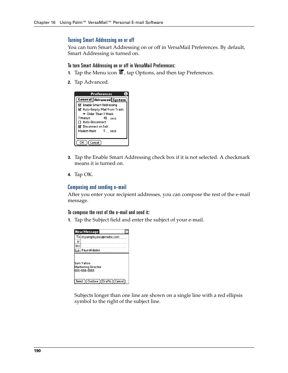 Turning smart addressing on or off, Composing and sending e-mail, To compose the rest of the e-mail and send it | Palm T3 User Manual | Page 204 / 408