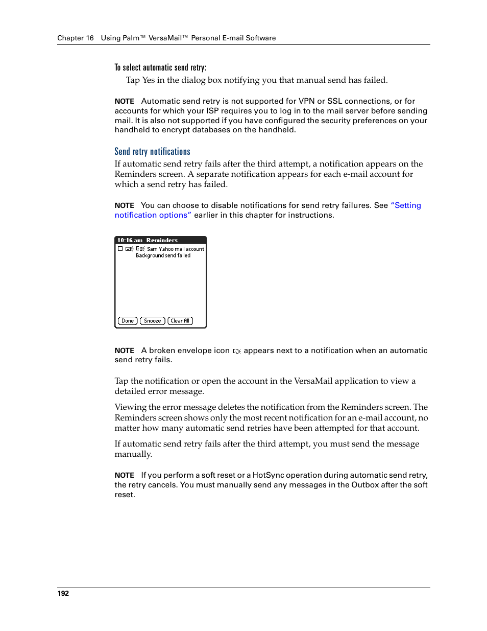 To select automatic send retry, Send retry notifications | Palm T3 User Manual | Page 206 / 408