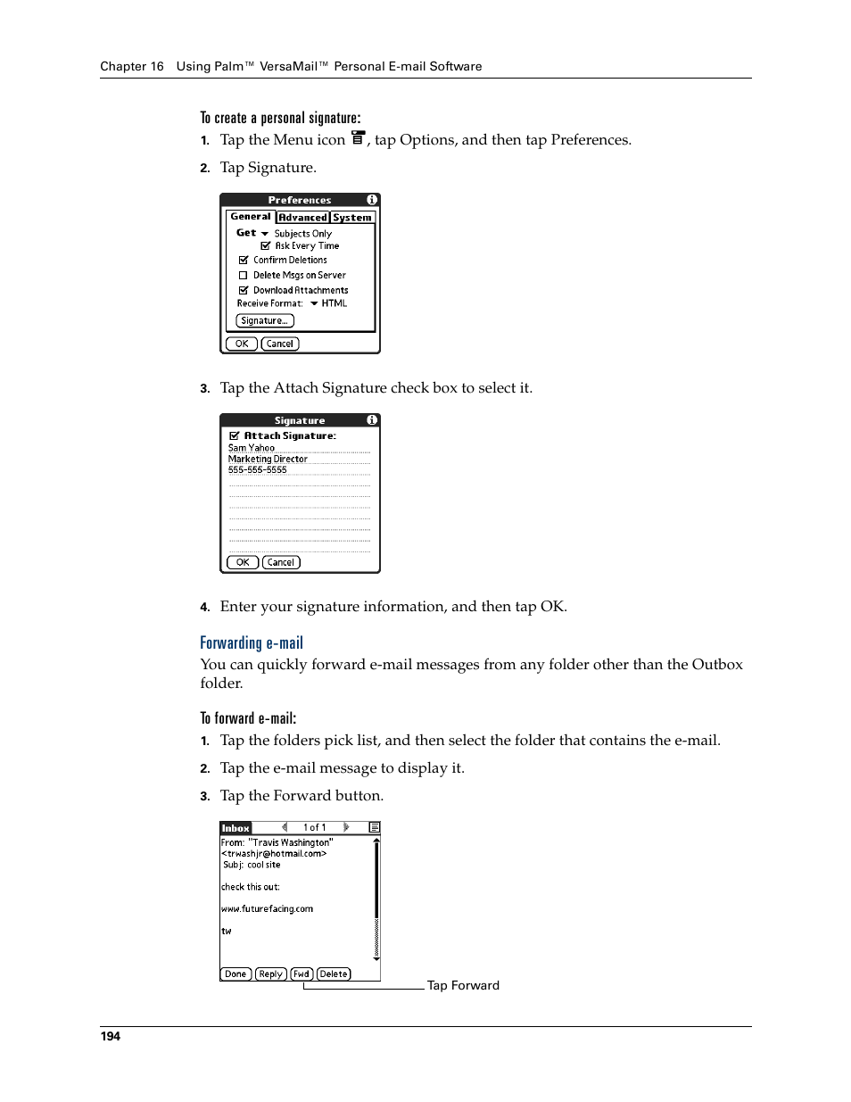 To create a personal signature, Forwarding e-mail, To forward e-mail | Palm T3 User Manual | Page 208 / 408