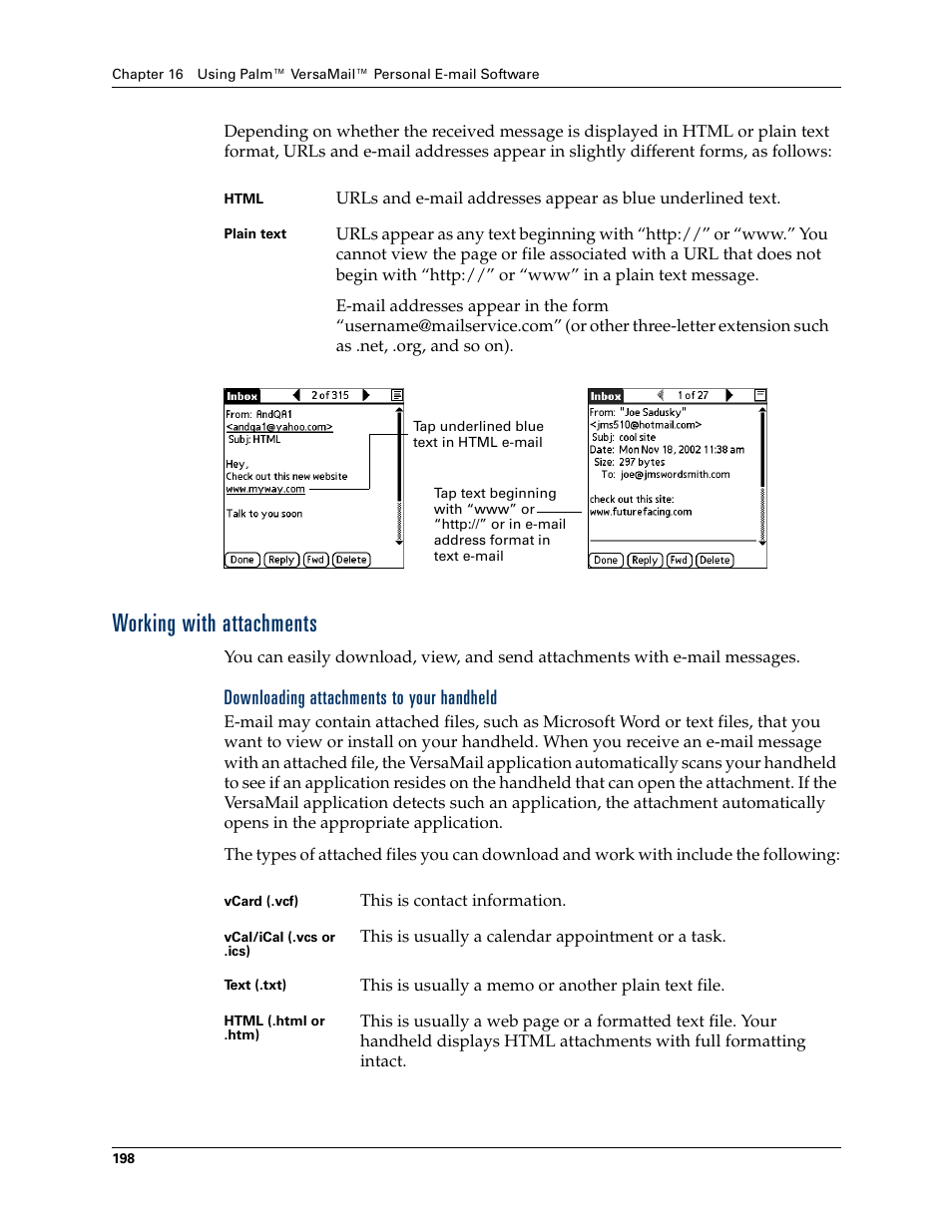 Working with attachments, Downloading attachments to your handheld | Palm T3 User Manual | Page 212 / 408