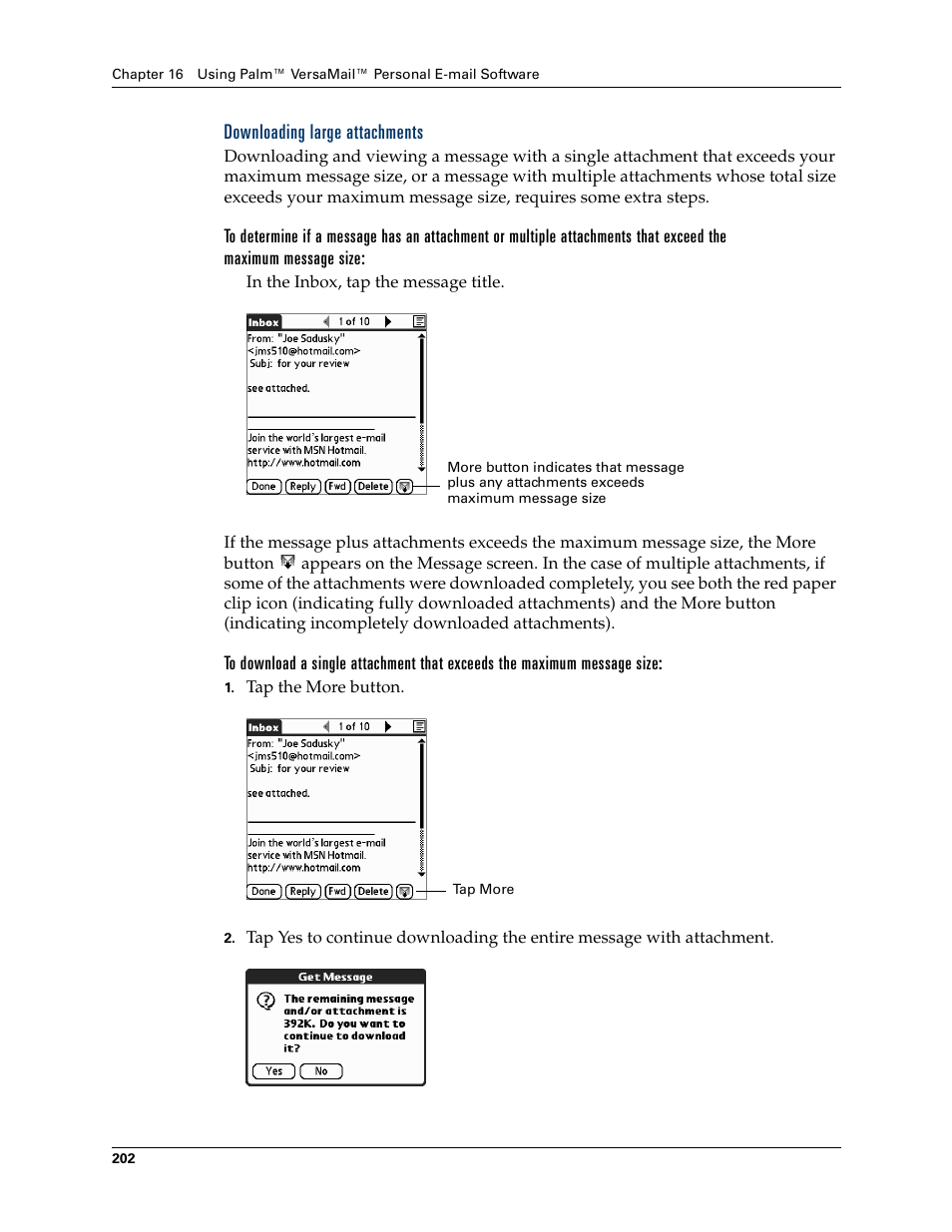 Downloading large attachments | Palm T3 User Manual | Page 216 / 408