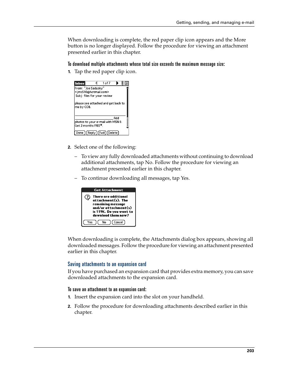 Saving attachments to an expansion card, To save an attachment to an expansion card | Palm T3 User Manual | Page 217 / 408