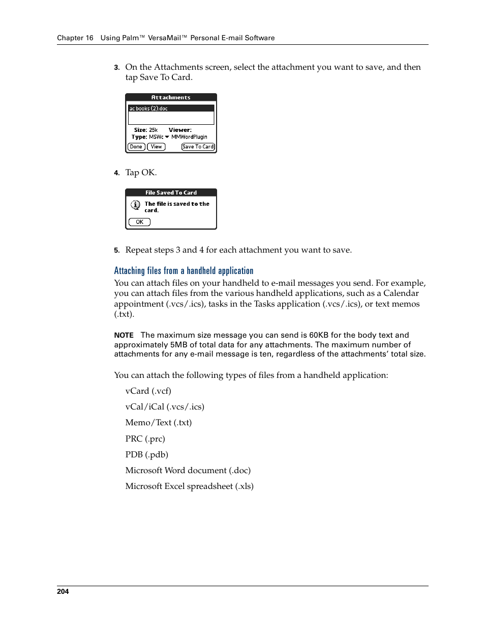 Attaching files from a handheld application | Palm T3 User Manual | Page 218 / 408