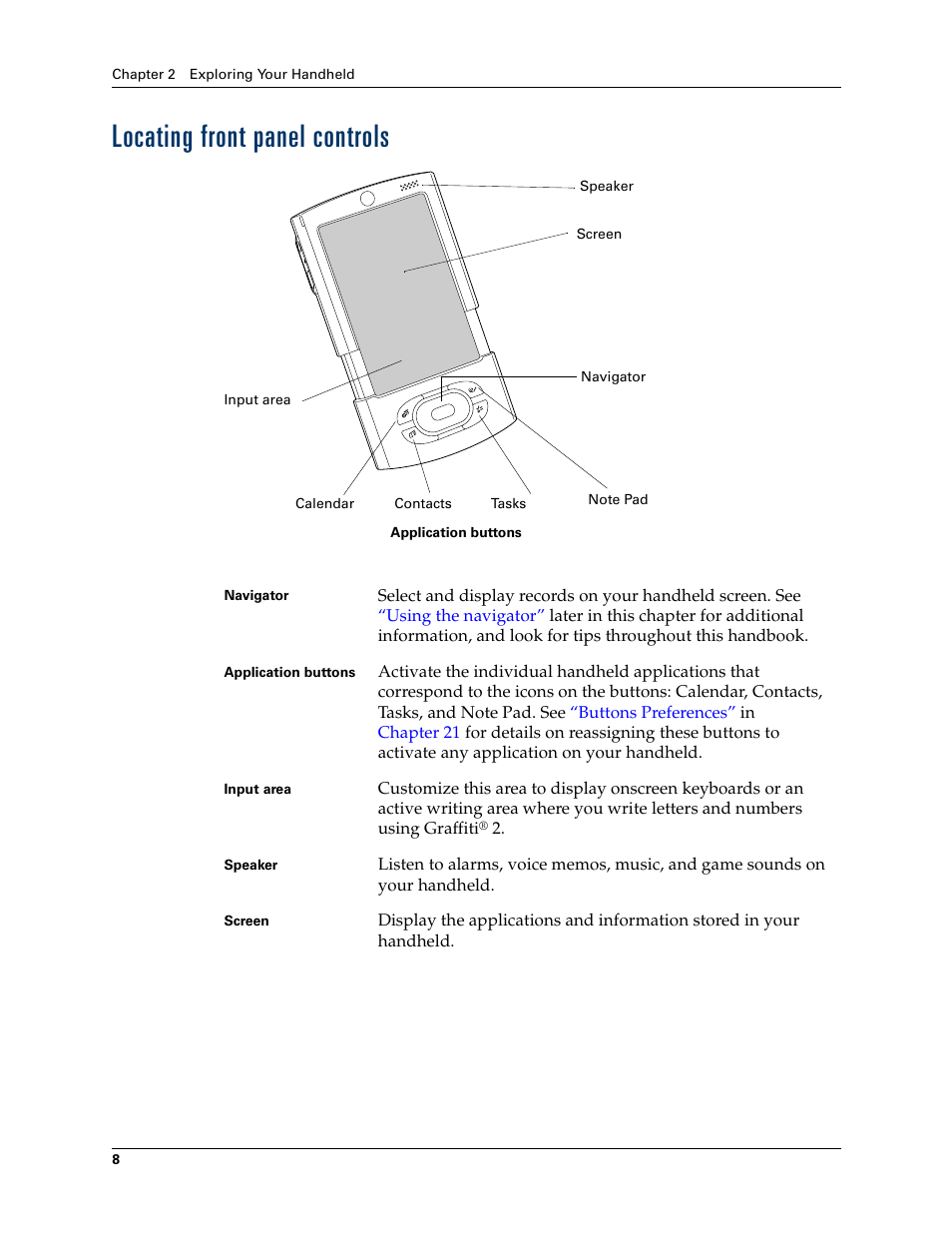 Locating front panel controls | Palm T3 User Manual | Page 22 / 408