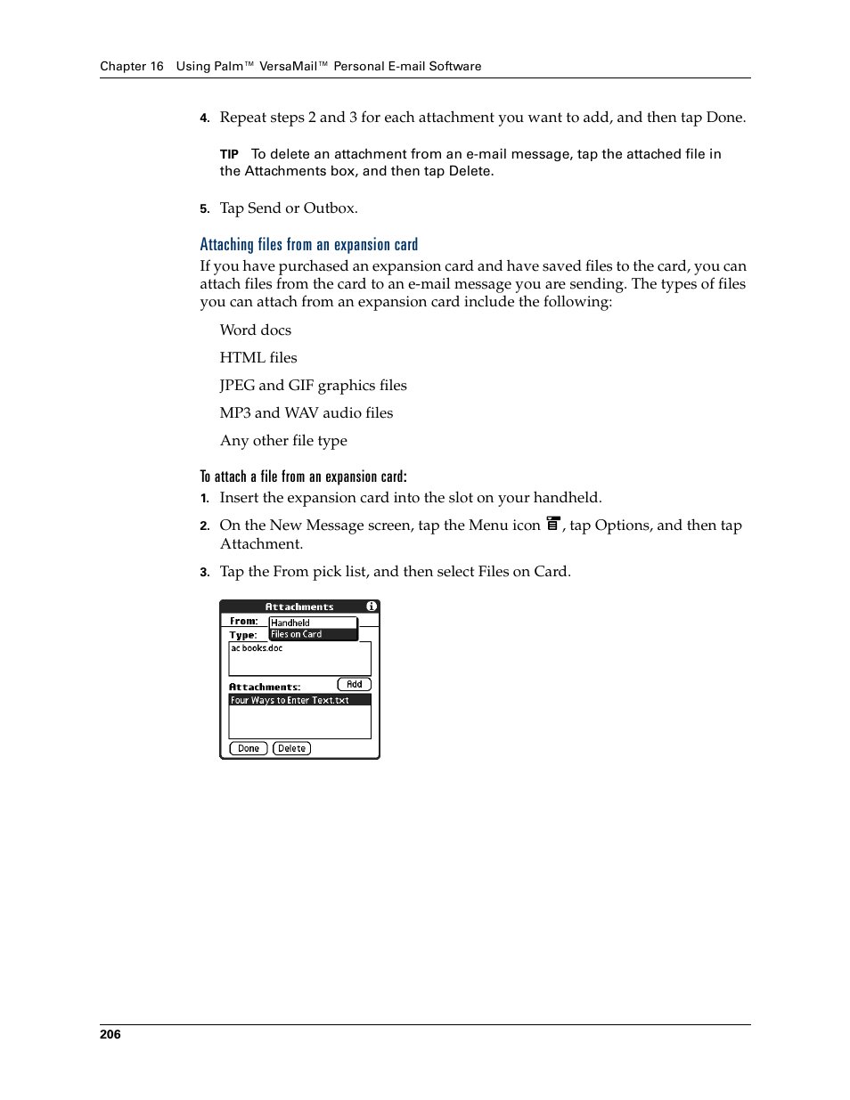 Attaching files from an expansion card, To attach a file from an expansion card | Palm T3 User Manual | Page 220 / 408