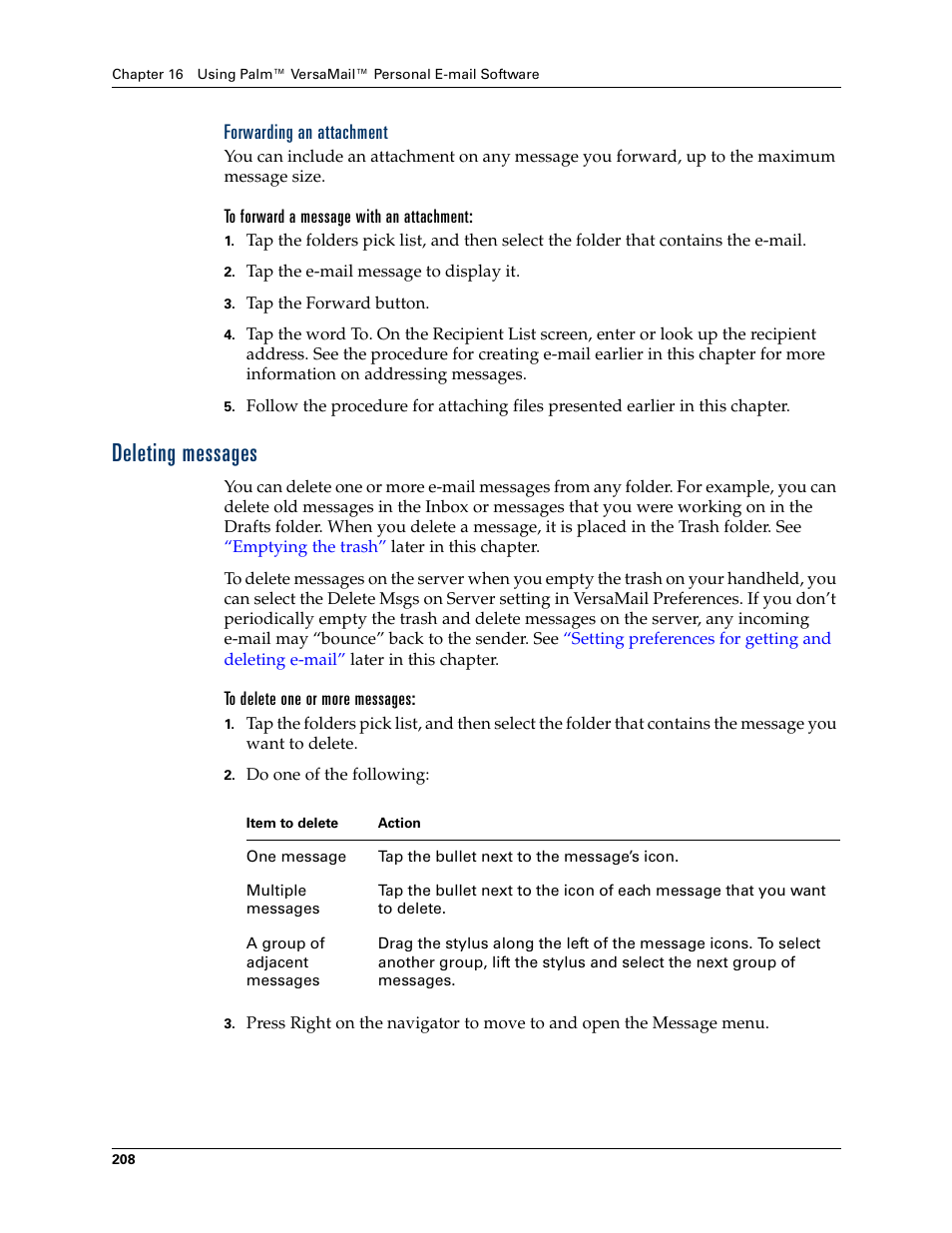 Forwarding an attachment, To forward a message with an attachment, Deleting messages | To delete one or more messages | Palm T3 User Manual | Page 222 / 408