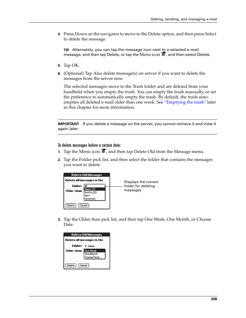 To delete messages before a certain date | Palm T3 User Manual | Page 223 / 408