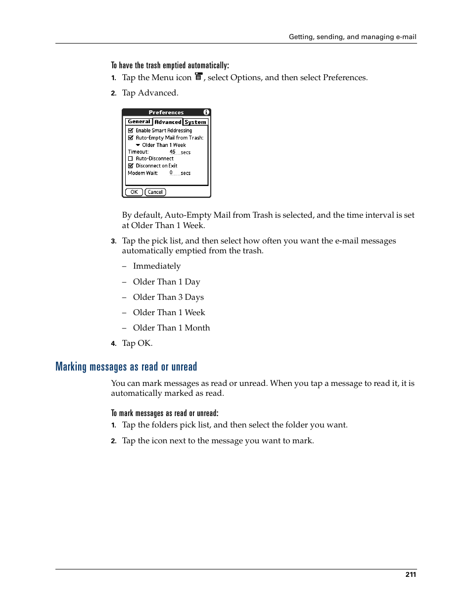 To have the trash emptied automatically, Marking messages as read or unread, To mark messages as read or unread | Palm T3 User Manual | Page 225 / 408