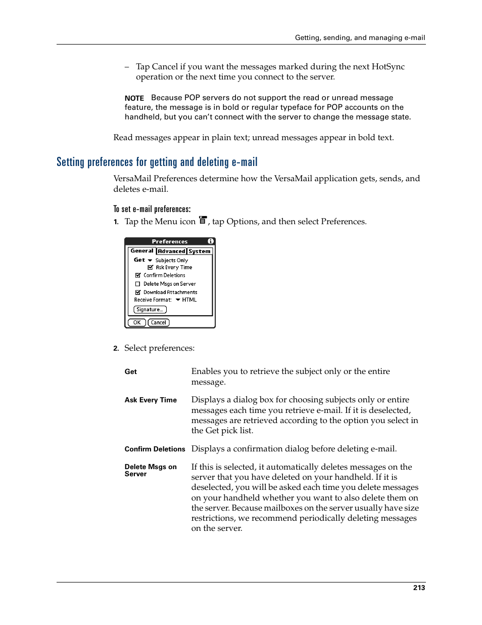 To set e-mail preferences, Later, Setting preferences for getting and | Deleting e-mail | Palm T3 User Manual | Page 227 / 408