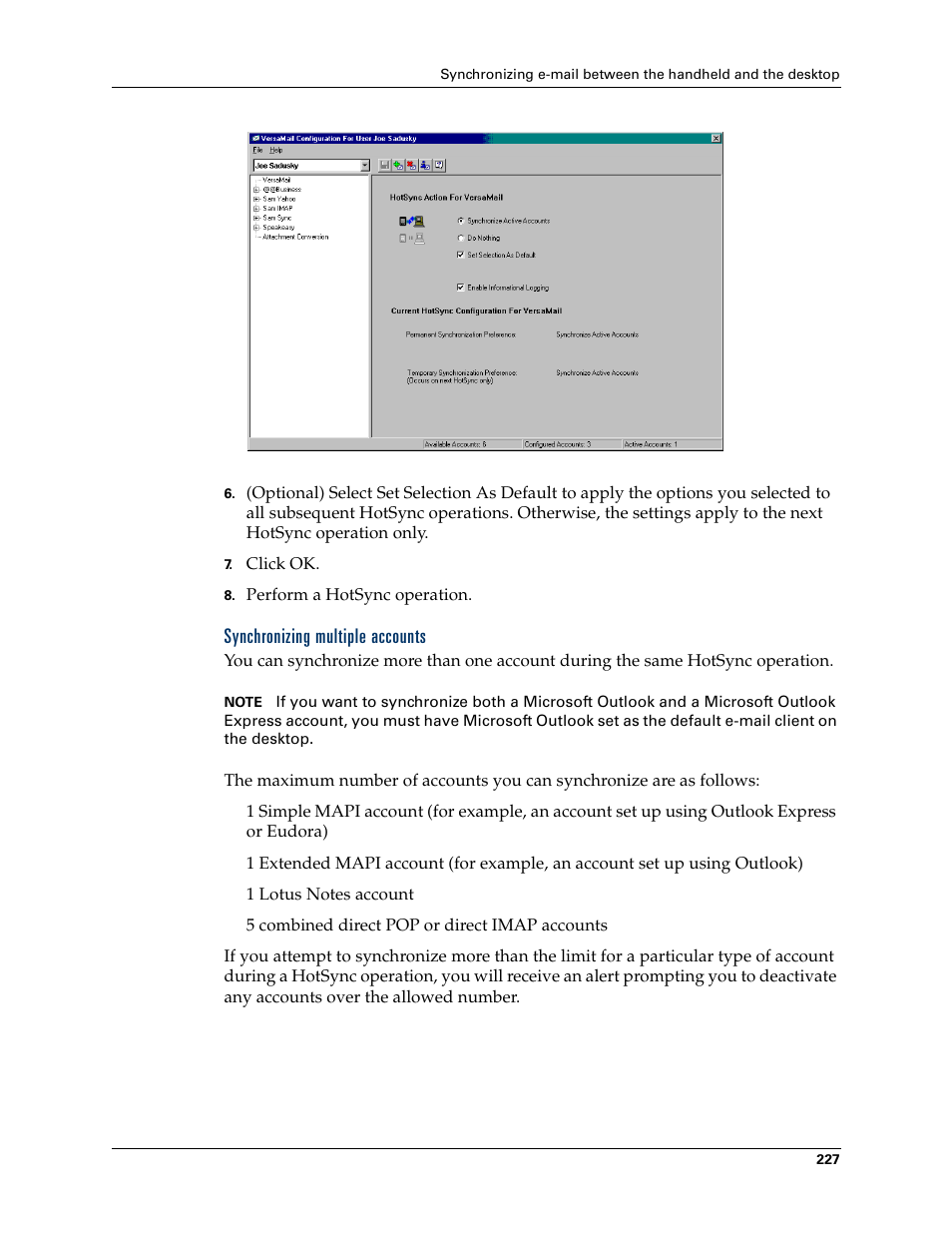 Synchronizing multiple accounts | Palm T3 User Manual | Page 241 / 408