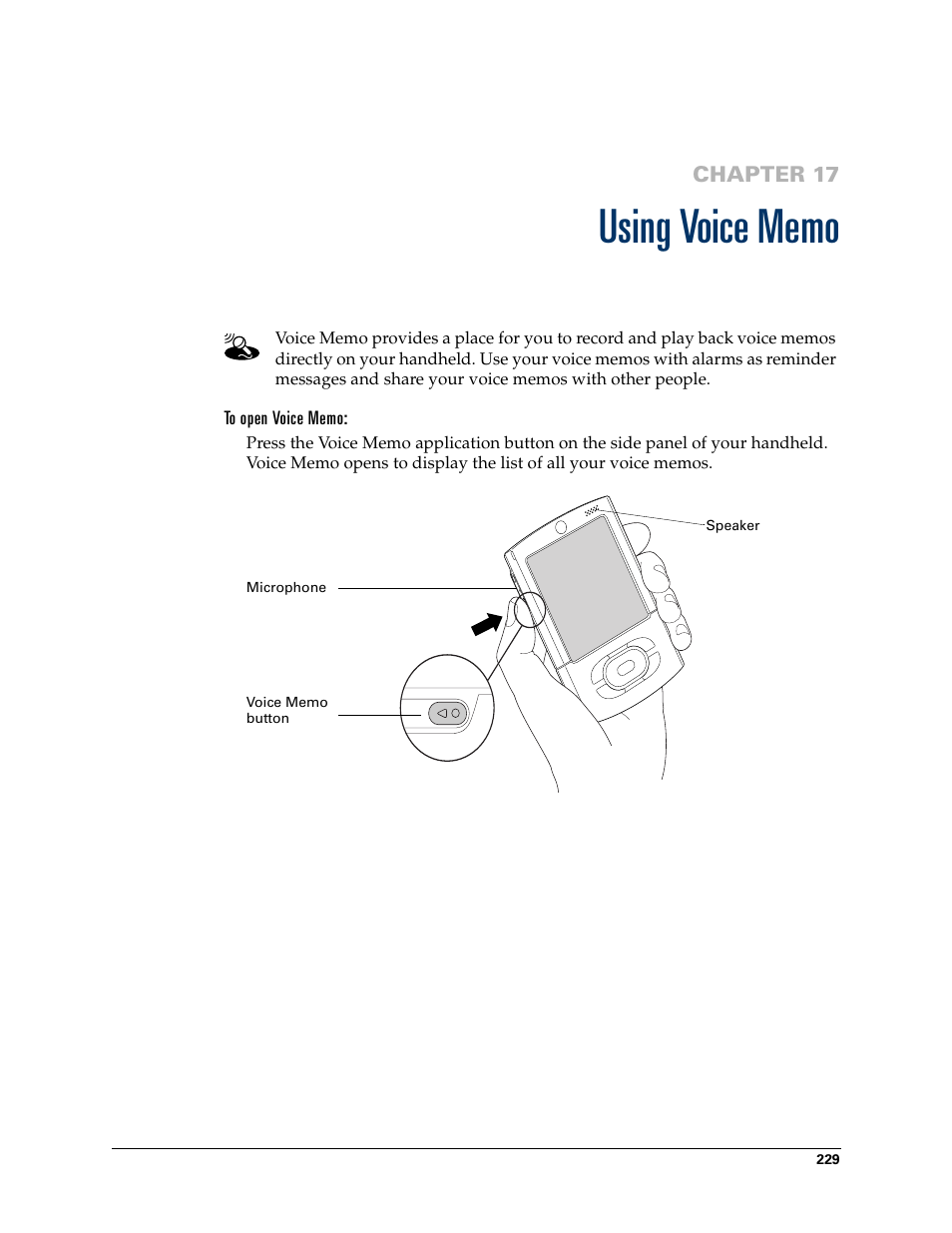 Using voice memo, To open voice memo, Chapter 17: using voice memo | Palm T3 User Manual | Page 243 / 408