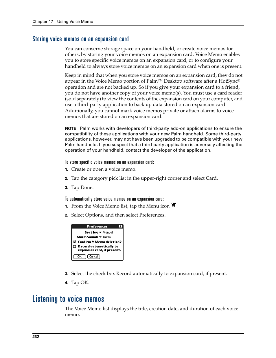 Storing voice memos on an expansion card, To store specific voice memos on an expansion card, Listening to voice memos | Storing, Voice memos on an expansion card | Palm T3 User Manual | Page 246 / 408