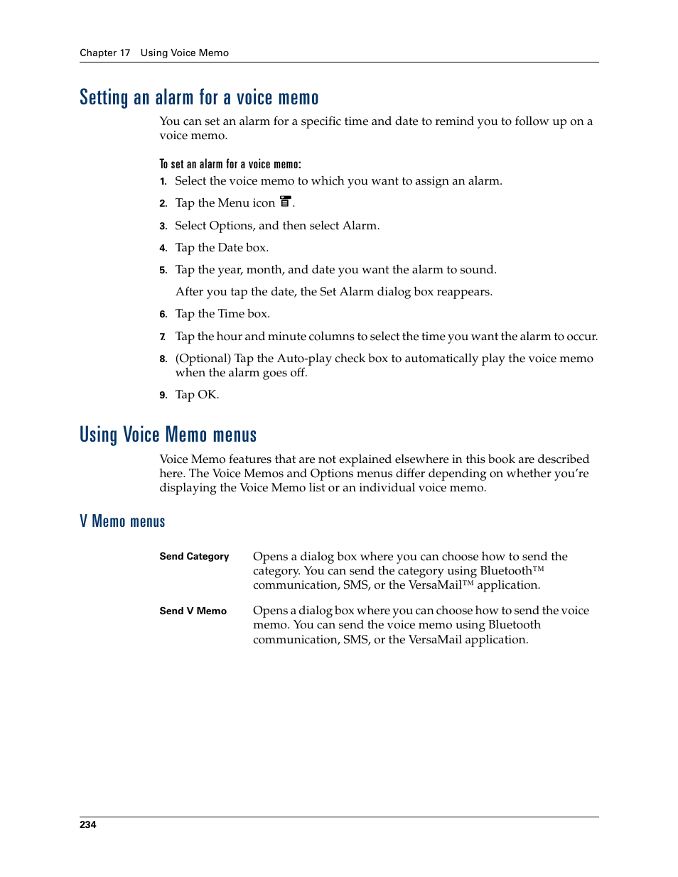 Setting an alarm for a voice memo, To set an alarm for a voice memo, Using voice memo menus | V memo menus | Palm T3 User Manual | Page 248 / 408