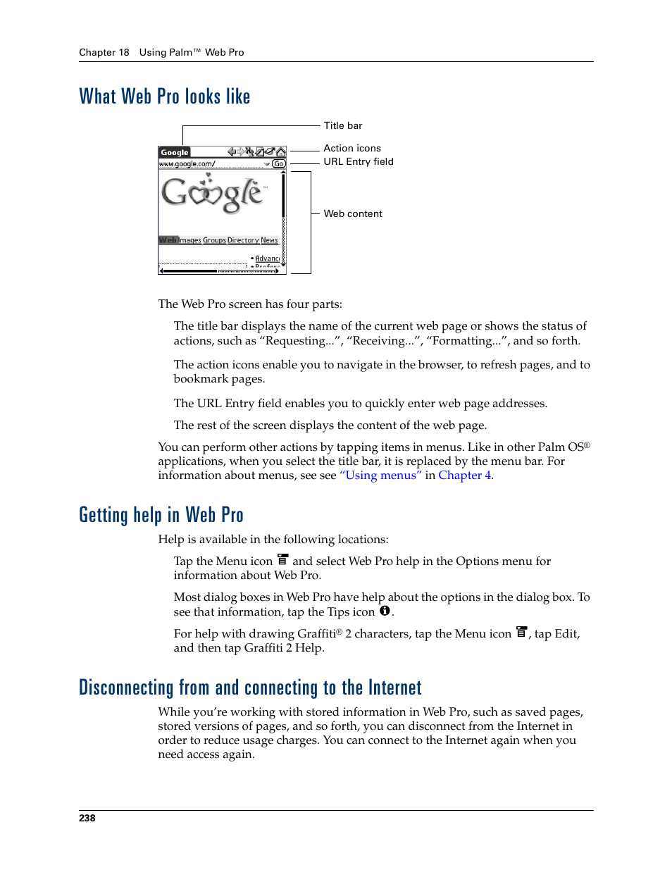 What web pro looks like, Getting help in web pro, Disconnecting from and connecting to the internet | Palm T3 User Manual | Page 252 / 408