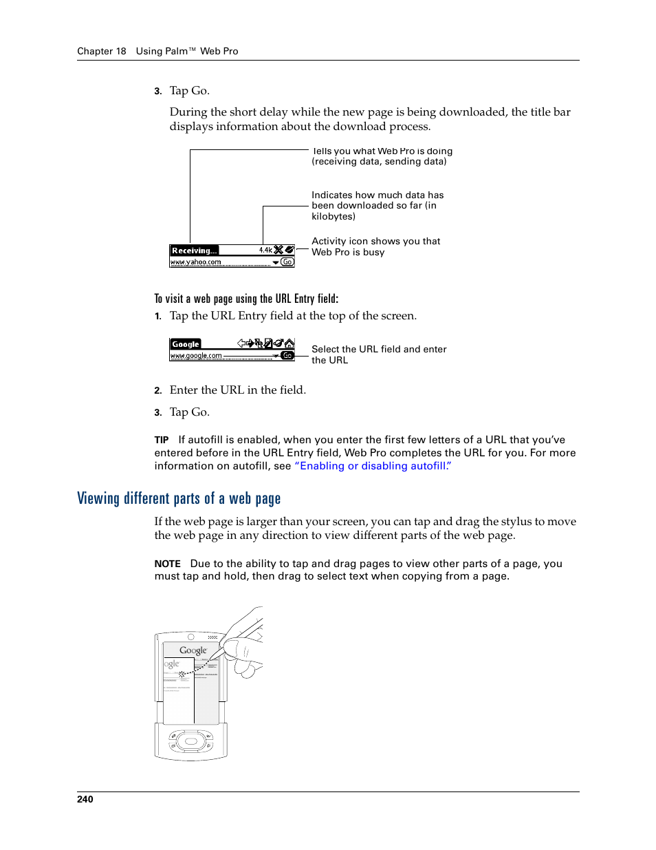 Viewing different parts of a web page | Palm T3 User Manual | Page 254 / 408