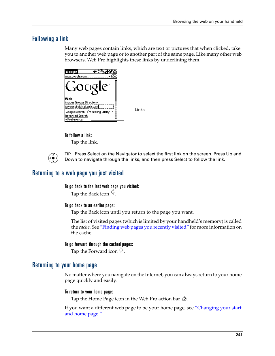 Following a link, To follow a link, Returning to a web page you just visited | Returning to your home page | Palm T3 User Manual | Page 255 / 408