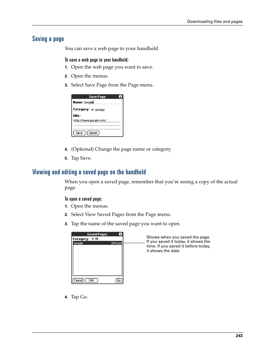 Saving a page, Viewing and editing a saved page on the handheld | Palm T3 User Manual | Page 257 / 408