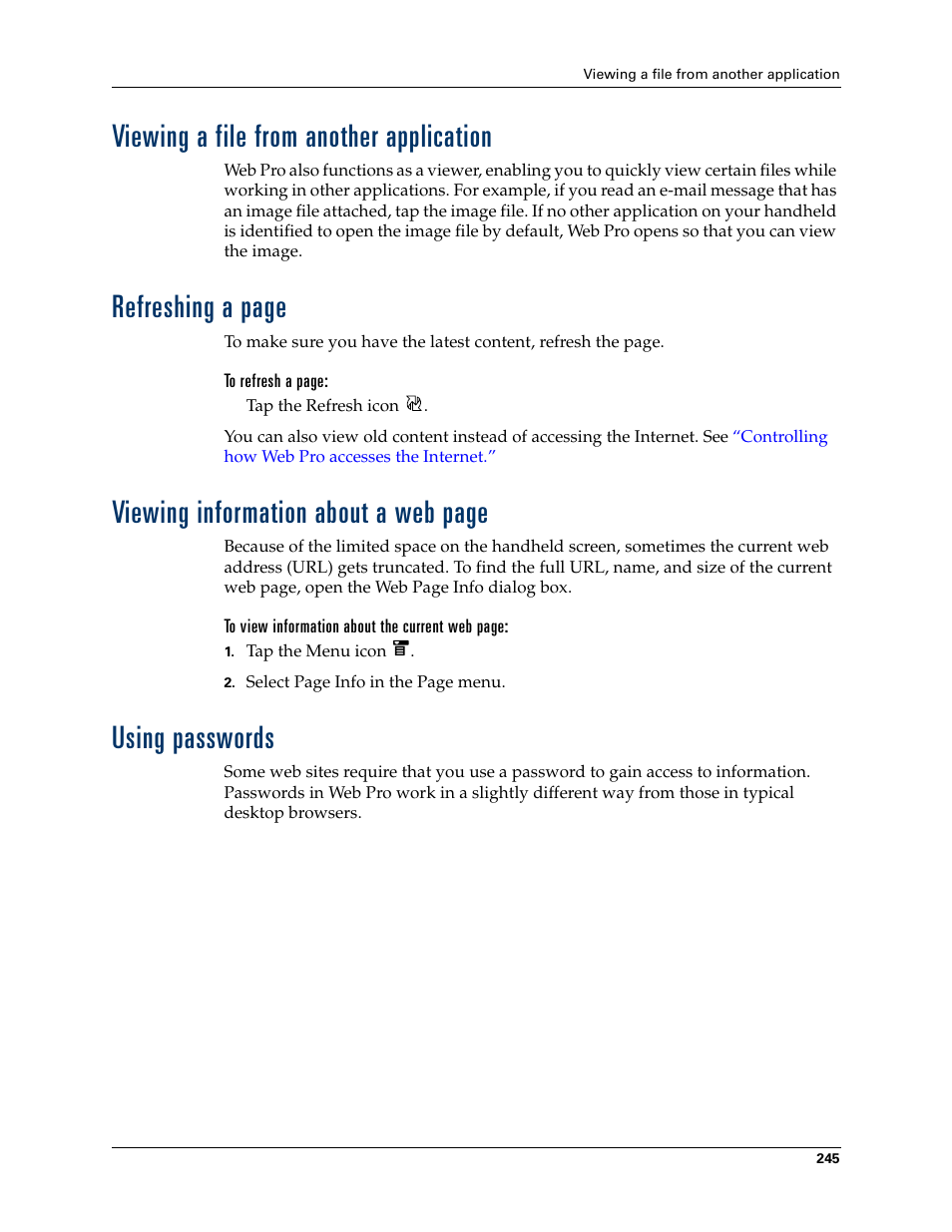 Viewing a file from another application, Using passwords, Refreshing a page | Viewing information about a web page | Palm T3 User Manual | Page 259 / 408