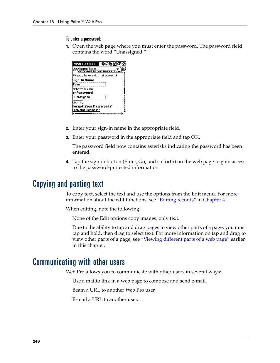 To enter a password, Copying and pasting text, Communicating with other users | Palm T3 User Manual | Page 260 / 408