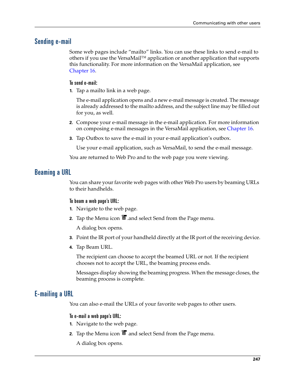 Sending e-mail, To send e-mail, Beaming a url | E-mailing a url, Sending e-mail beaming a url e-mailing a url | Palm T3 User Manual | Page 261 / 408