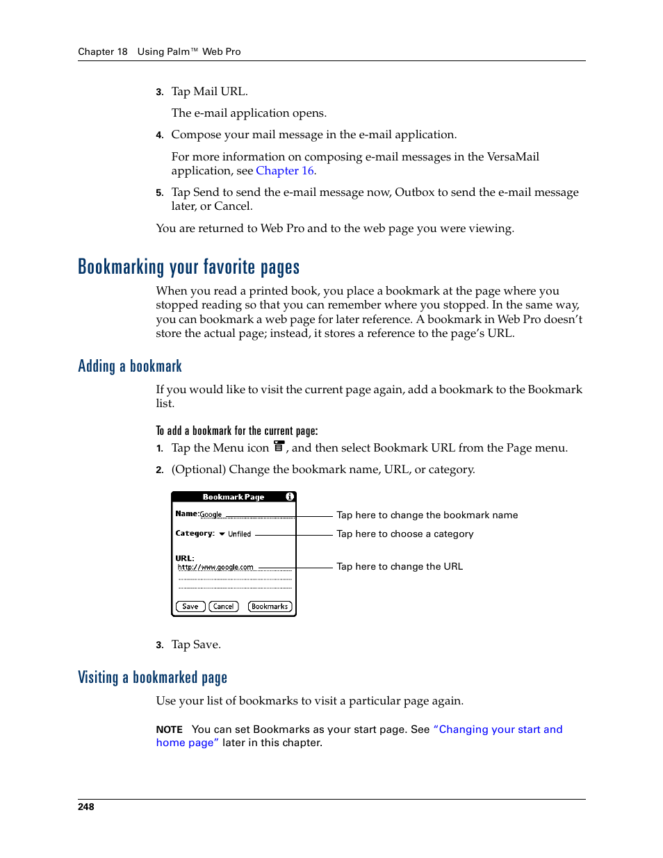 Adding a bookmark, Bookmarking your favorite pages, Visiting a bookmarked page | Palm T3 User Manual | Page 262 / 408