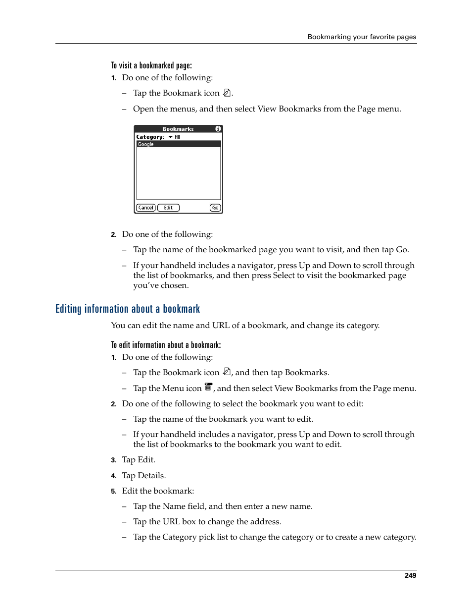 Editing information about a bookmark, To edit information about a bookmark | Palm T3 User Manual | Page 263 / 408