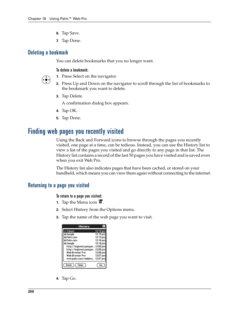 Deleting a bookmark, To delete a bookmark, Finding web pages you recently visited | Returning to a page you visited | Palm T3 User Manual | Page 264 / 408