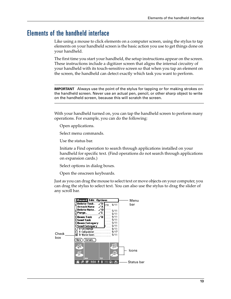 Elements of the handheld interface | Palm T3 User Manual | Page 27 / 408