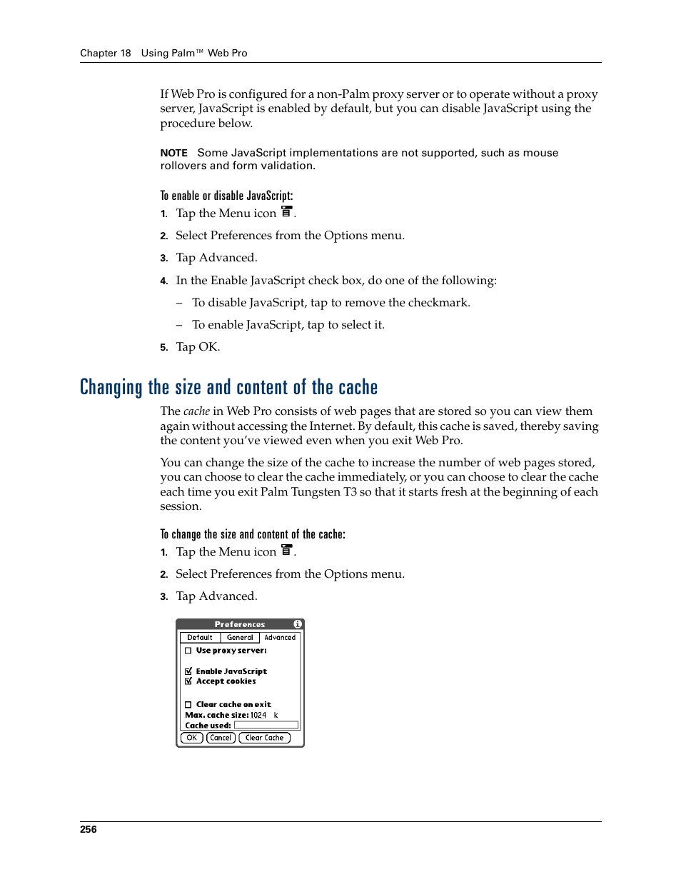 To enable or disable javascript, Changing the size and content of the cache, To change the size and content of the cache | Chapter 18 | Palm T3 User Manual | Page 270 / 408