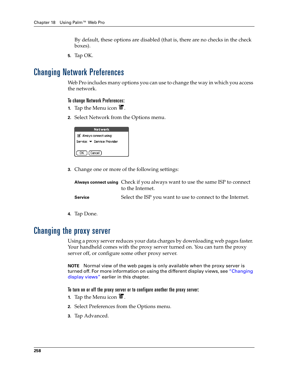 Changing network preferences, To change network preferences, Changing the proxy server | Palm T3 User Manual | Page 272 / 408