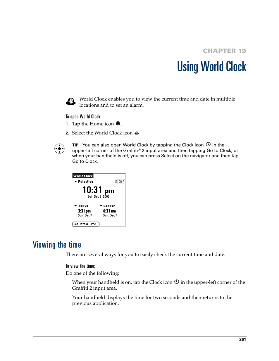 Using world clock, To open world clock, Viewing the time | To view the time, Chapter 19: using world clock, Chapter 19 | Palm T3 User Manual | Page 275 / 408