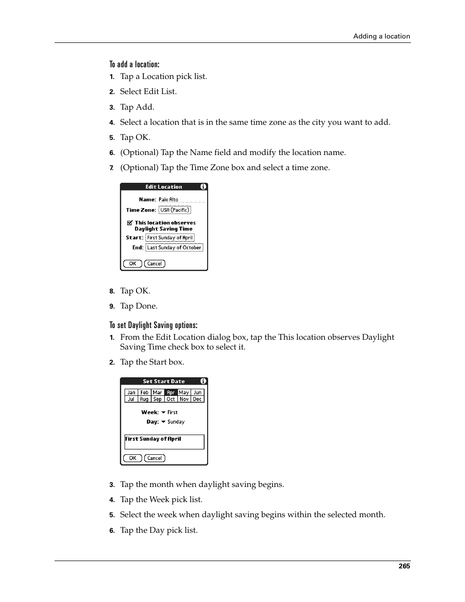 To add a location, To set daylight saving options | Palm T3 User Manual | Page 279 / 408