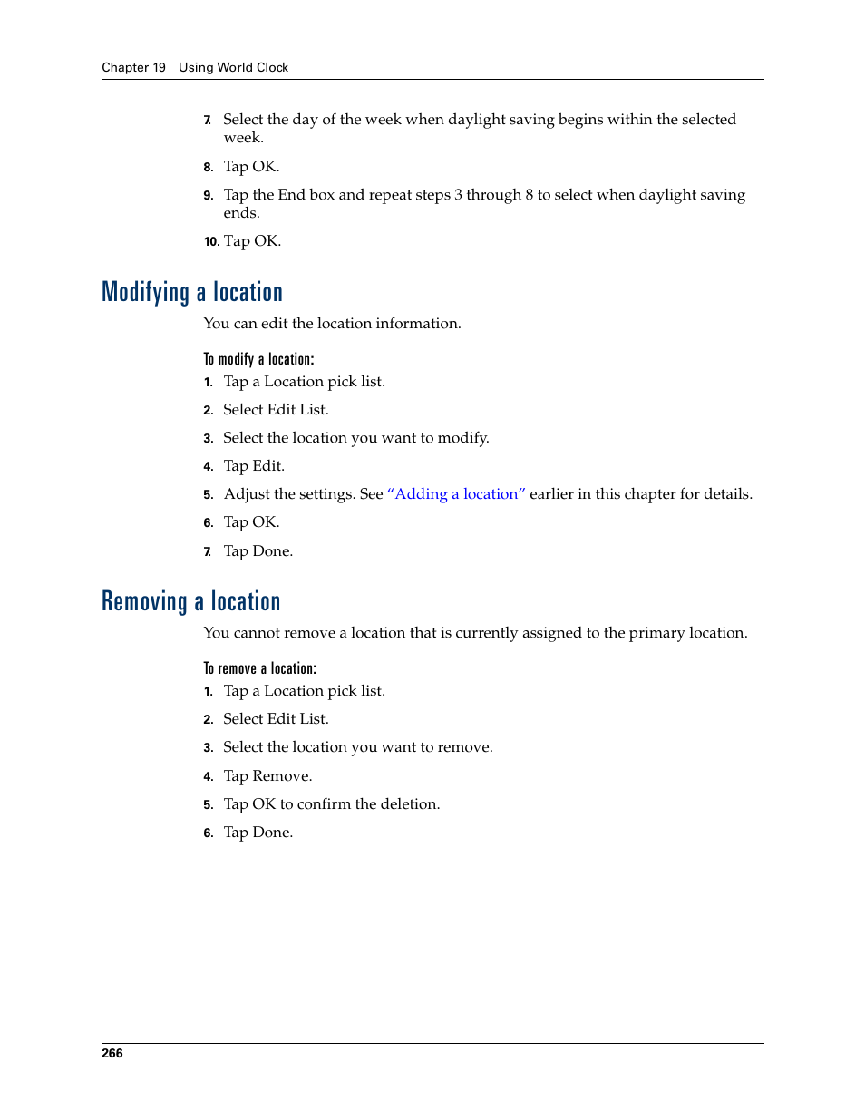 Modifying a location, To modify a location, Removing a location | To remove a location, Modifying a location removing a location | Palm T3 User Manual | Page 280 / 408