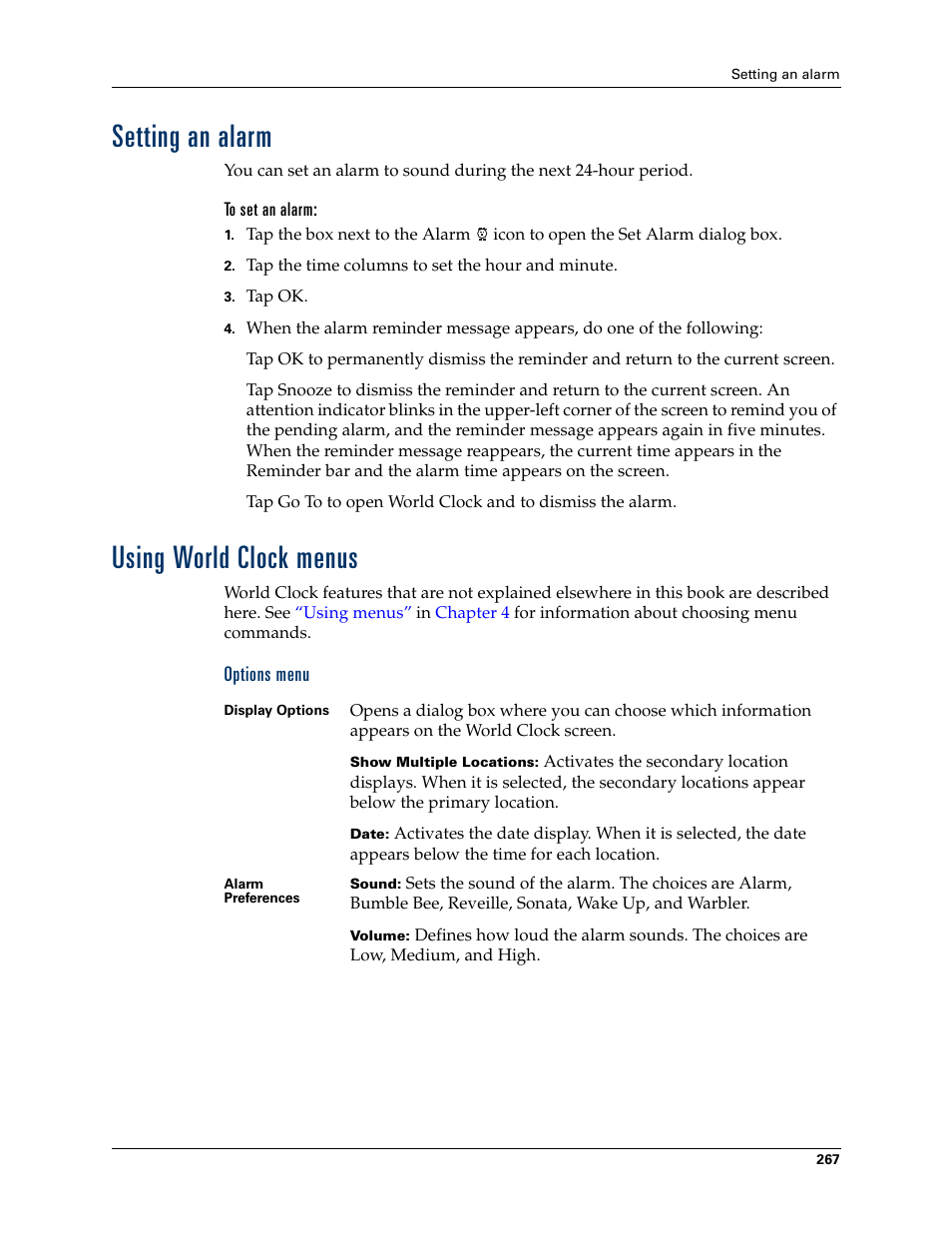 Setting an alarm, To set an alarm, Using world clock menus | Options menu, Setting an alarm using world clock menus | Palm T3 User Manual | Page 281 / 408