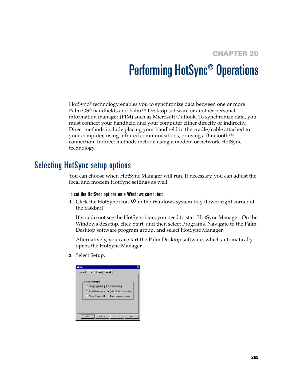 Performing hotsync® operations, Selecting hotsync setup options, To set the hotsync options on a windows computer | Chapter 20: performing hotsync, Performing hotsync, Operations | Palm T3 User Manual | Page 283 / 408