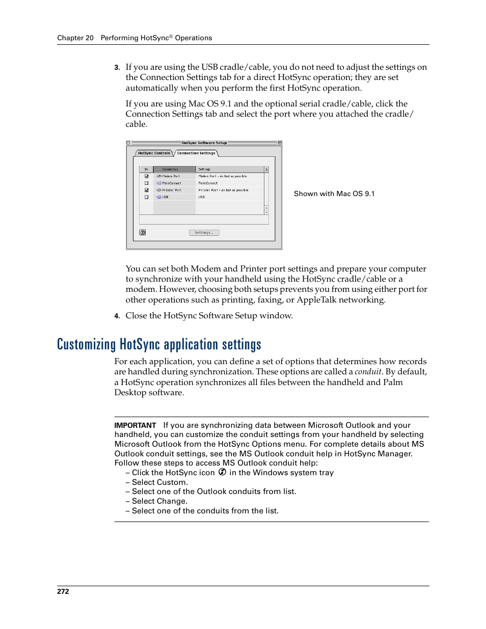 Customizing hotsync application settings | Palm T3 User Manual | Page 286 / 408