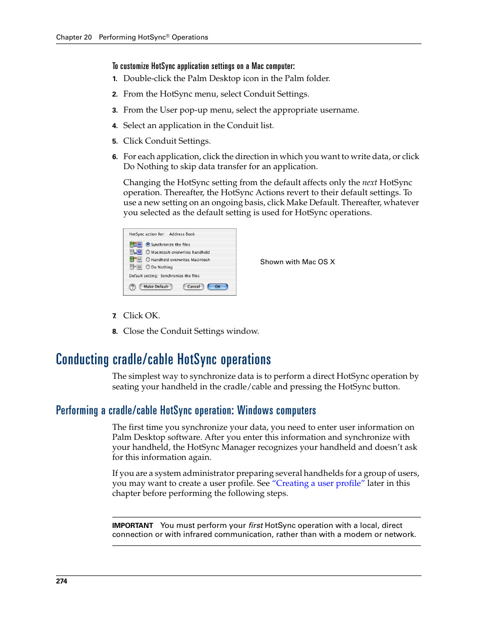 Conducting cradle/cable hotsync operations | Palm T3 User Manual | Page 288 / 408