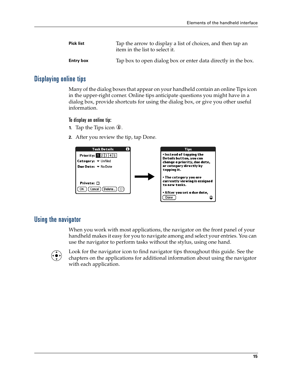 Displaying online tips, To display an online tip, Using the navigator | Displaying online tips using the navigator | Palm T3 User Manual | Page 29 / 408