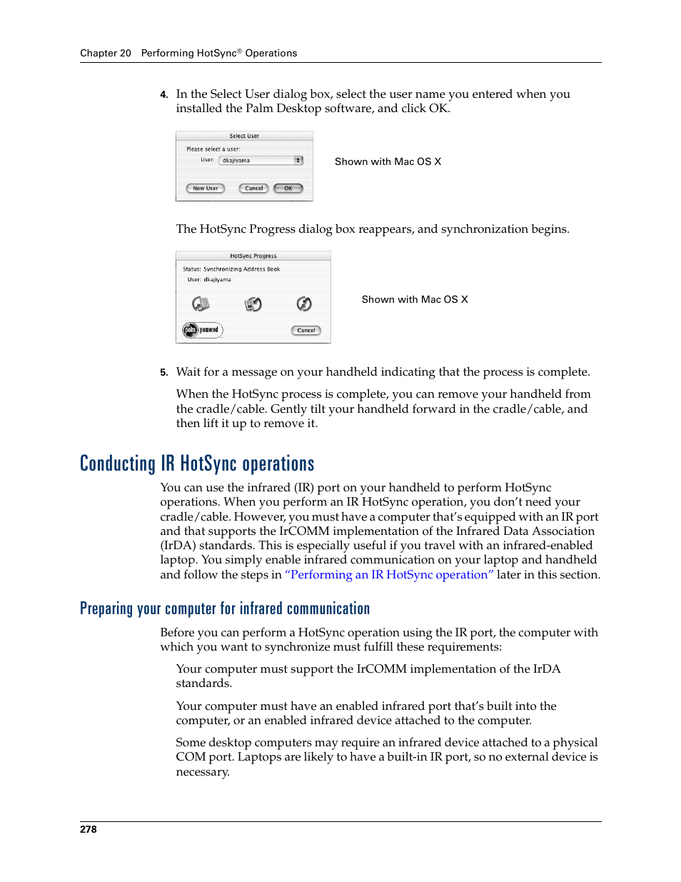 Conducting ir hotsync operations, Preparing your computer for infrared communication, Chapter 20 | Palm T3 User Manual | Page 292 / 408