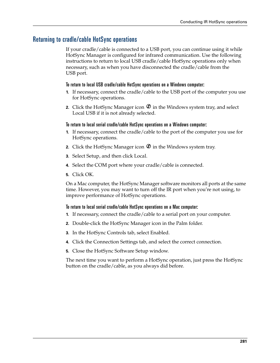 Returning to cradle/cable hotsync operations | Palm T3 User Manual | Page 295 / 408