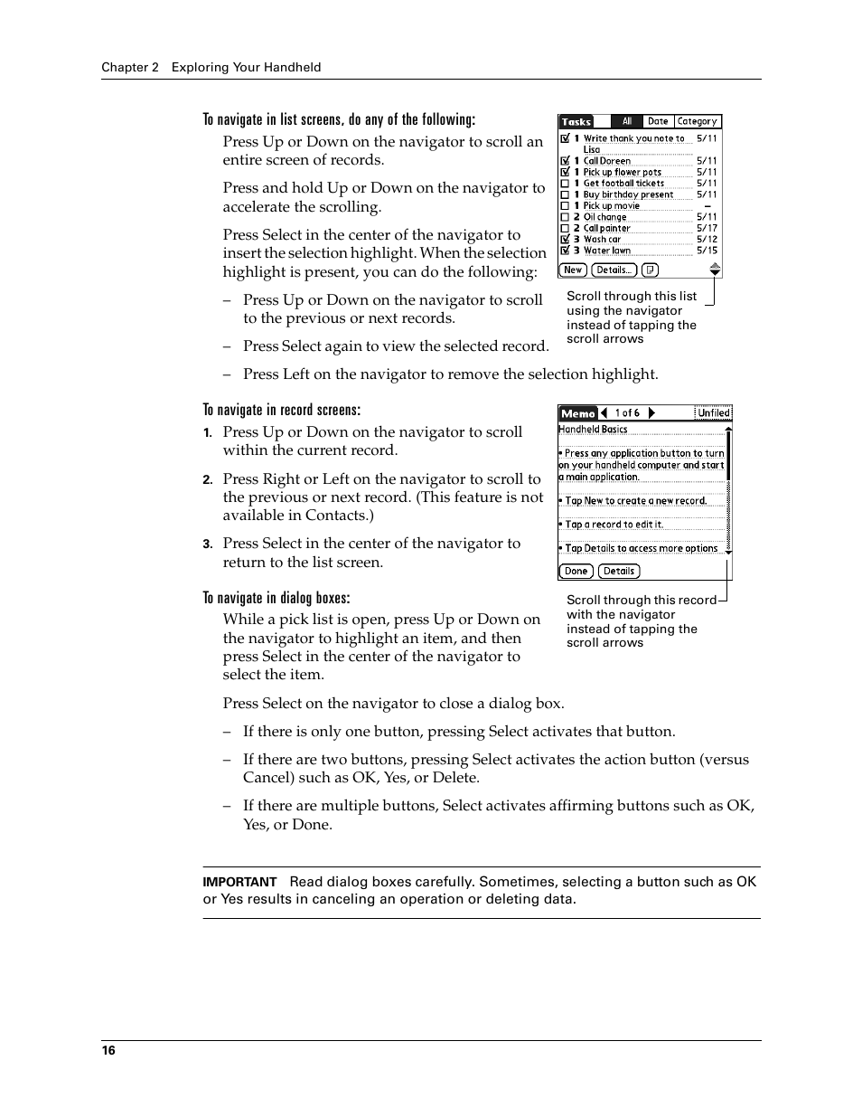 To navigate in record screens, To navigate in dialog boxes | Palm T3 User Manual | Page 30 / 408