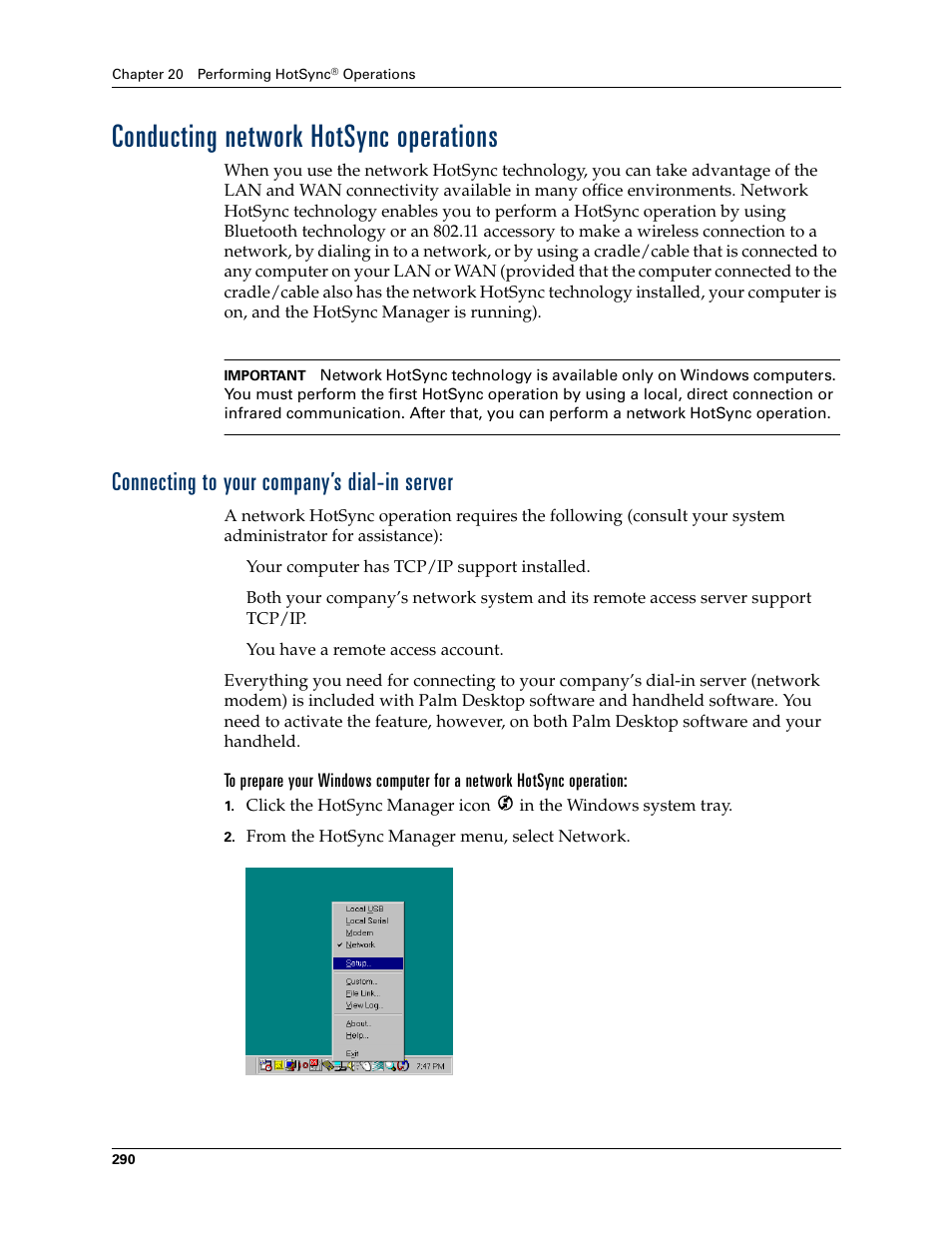 Conducting network hotsync operations, Connecting to your company’s dial-in server, Late | Conducting network, Hotsync operations | Palm T3 User Manual | Page 304 / 408