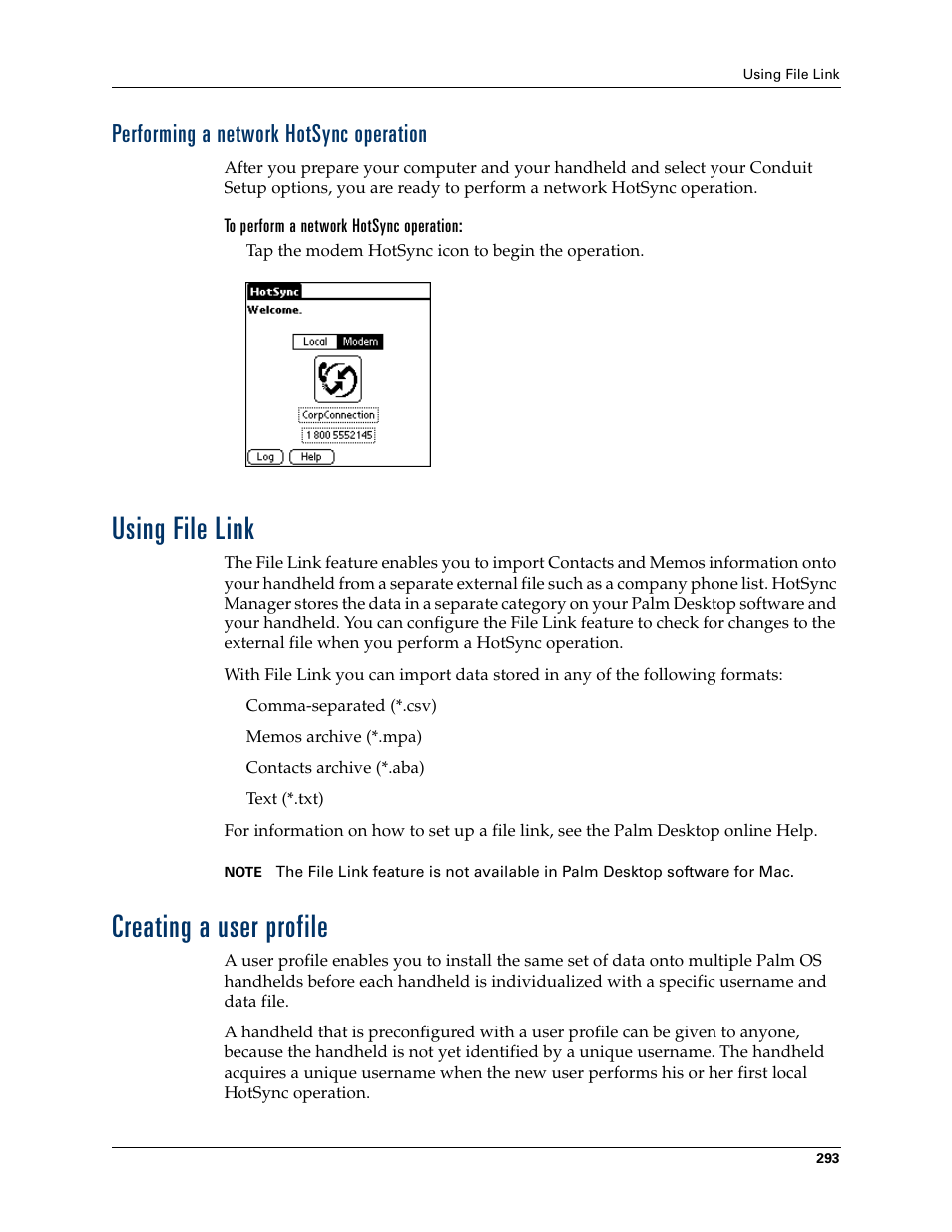 Performing a network hotsync operation, To perform a network hotsync operation, Using file link | Creating a user profile, Using file link creating a user profile | Palm T3 User Manual | Page 307 / 408