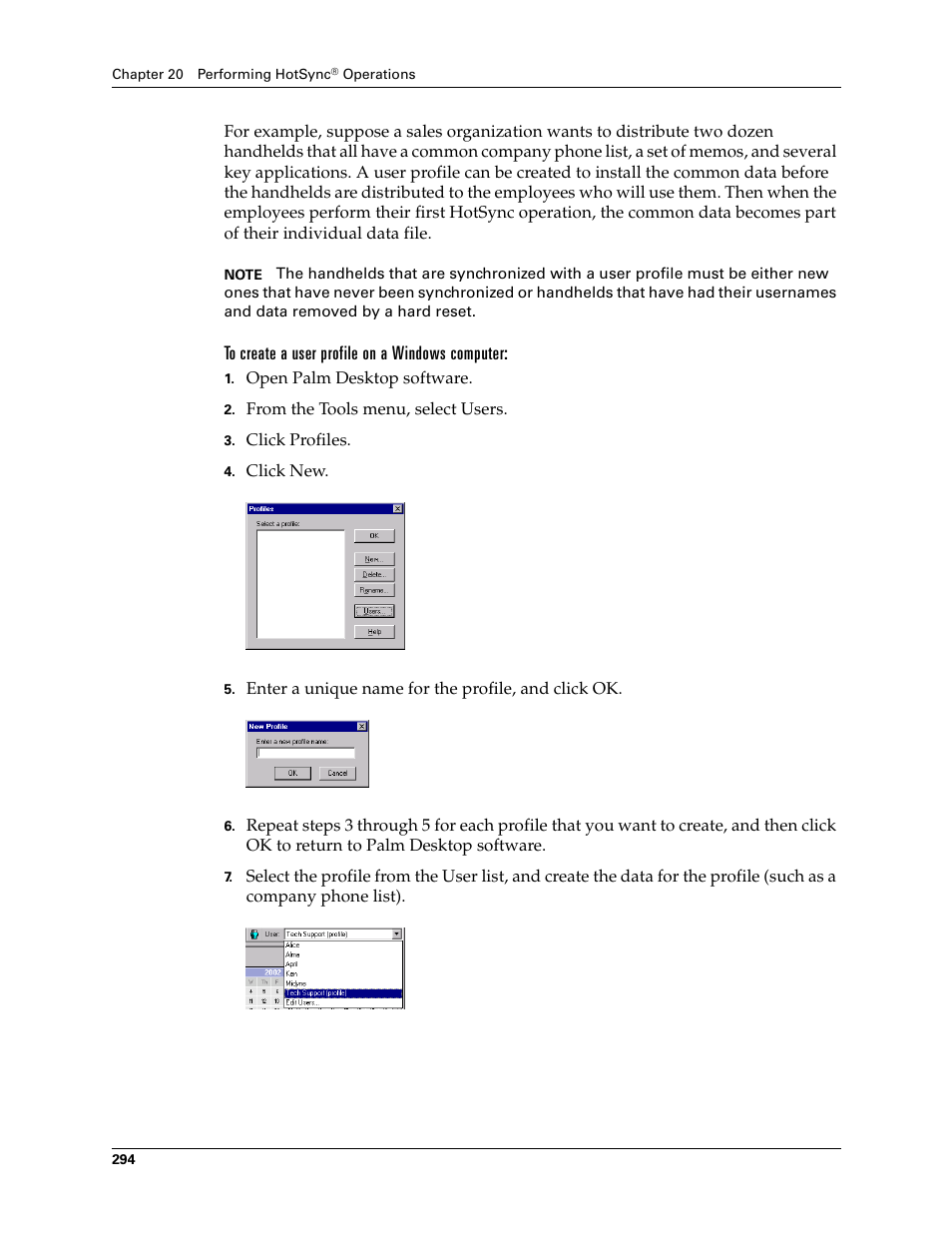 To create a user profile on a windows computer | Palm T3 User Manual | Page 308 / 408