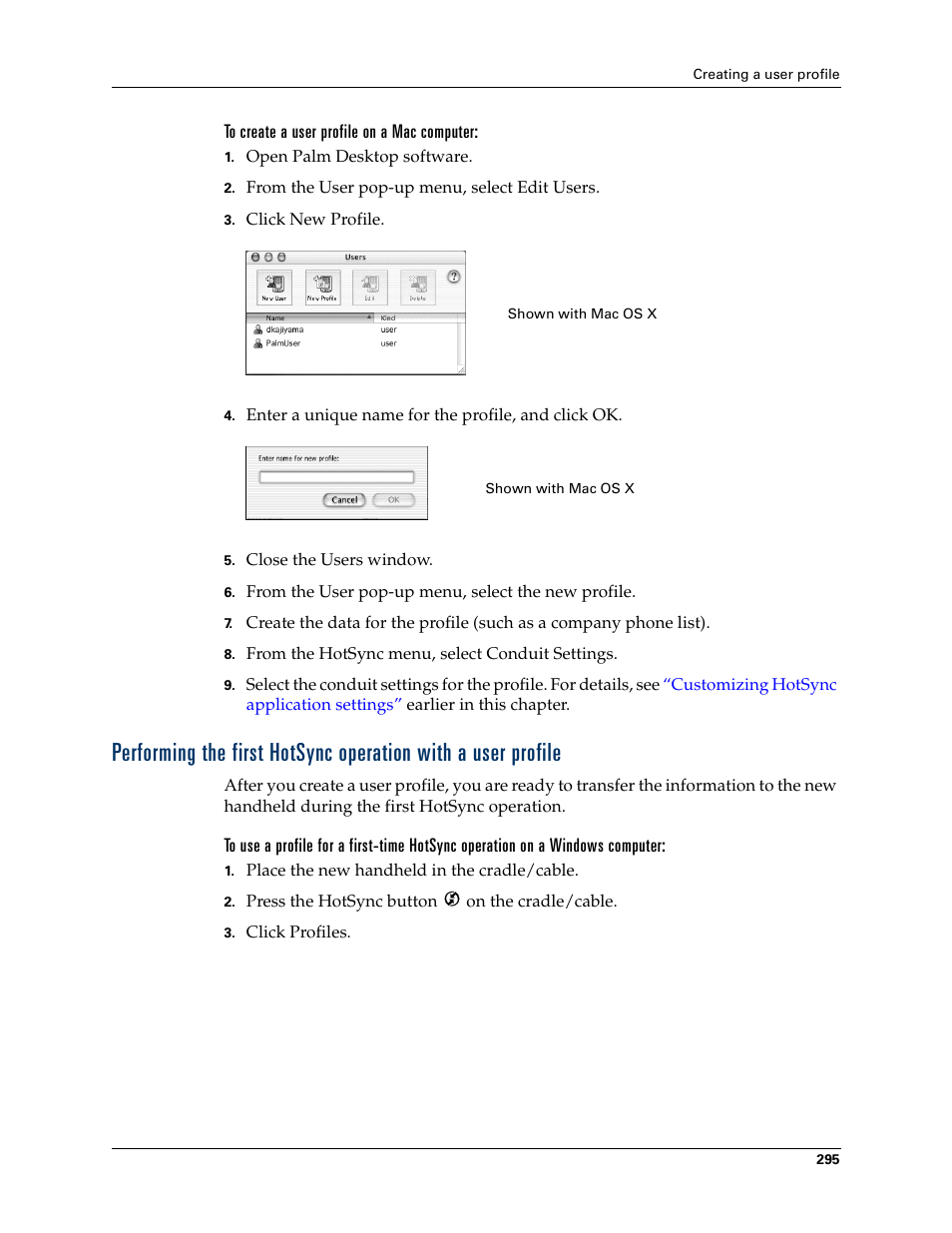 To create a user profile on a mac computer | Palm T3 User Manual | Page 309 / 408