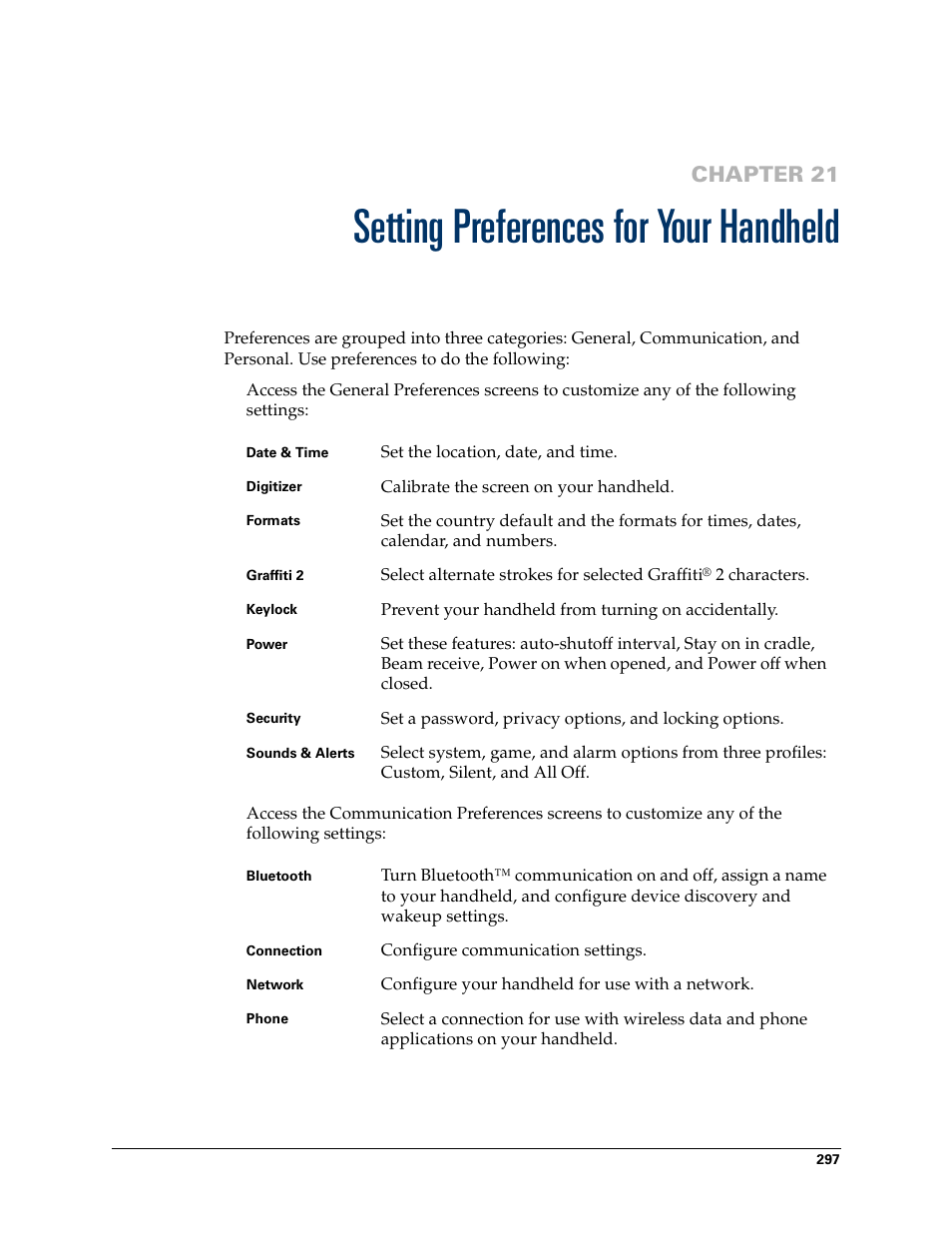 Setting preferences for your handheld, Chapter 21: setting preferences for your handheld, Chapter 21 | For i | Palm T3 User Manual | Page 311 / 408