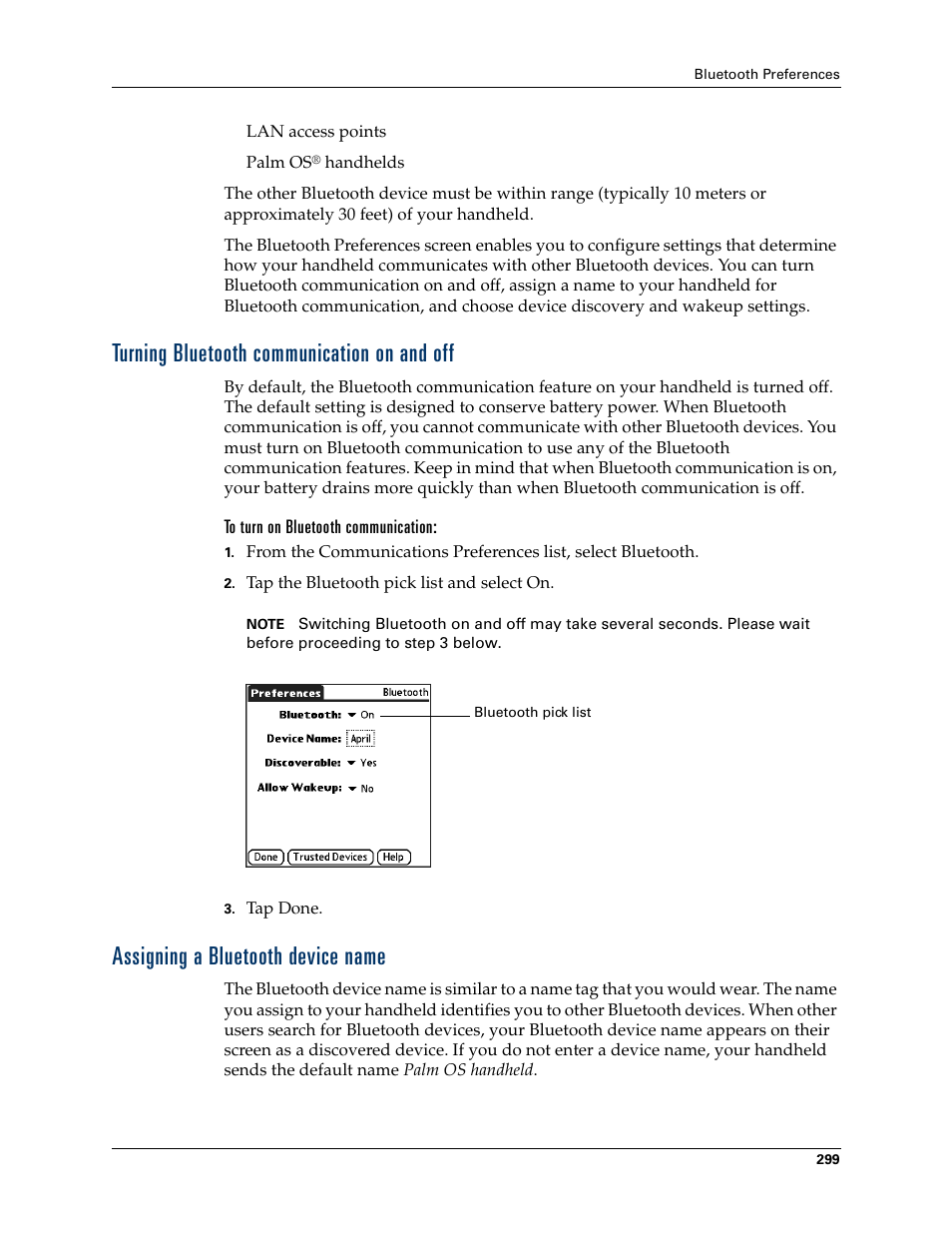 Turning bluetooth communication on and off, To turn on bluetooth communication, Assigning a bluetooth device name | Palm T3 User Manual | Page 313 / 408